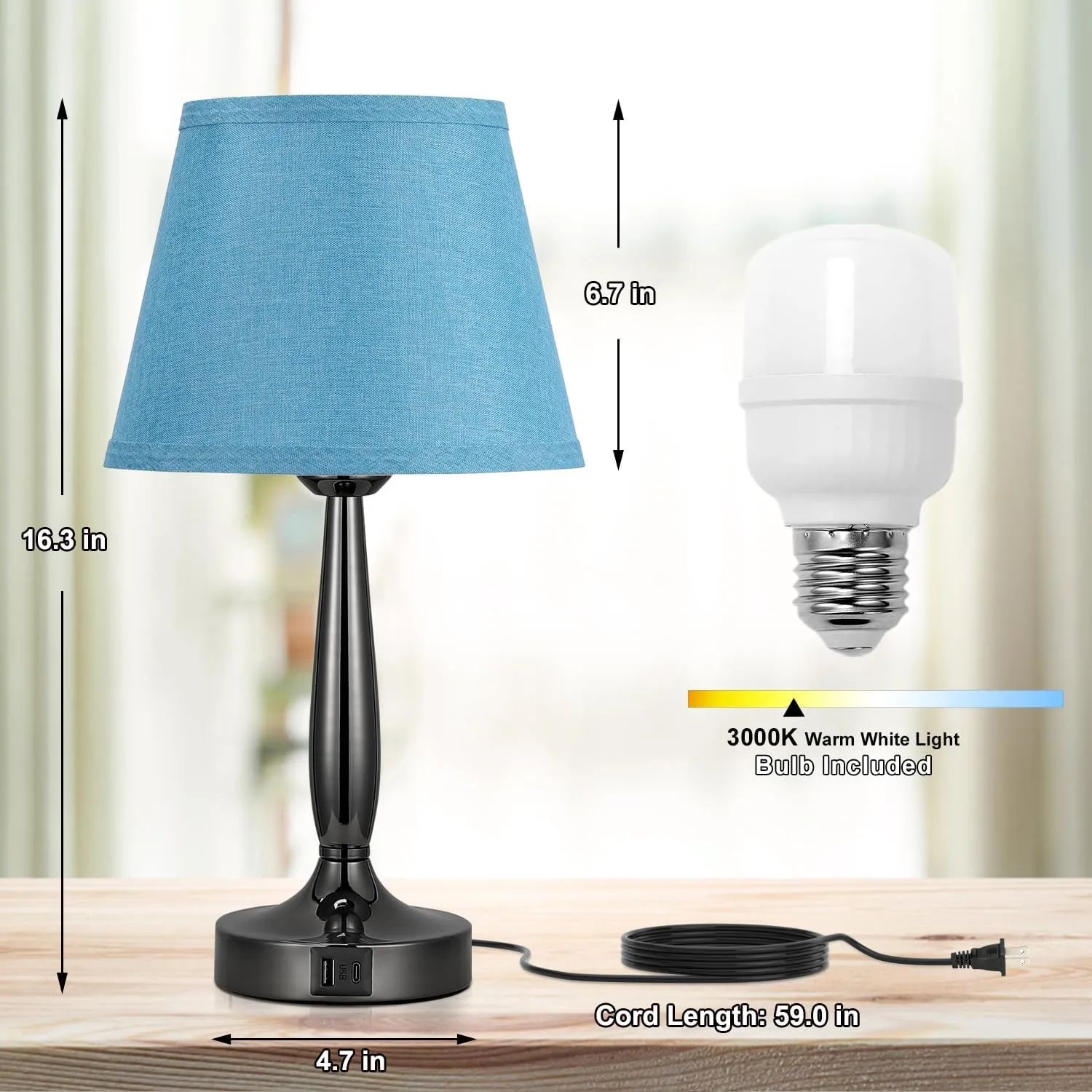 Touch Bedside Lamp for Bedroom with USB C Port, Small Touch Table Lamp with 2 USB Charging Ports, 3 Way Dimmable Nightstand Lamp for Living Room and Office - Turquoise Blue (LED Bulb Included)
