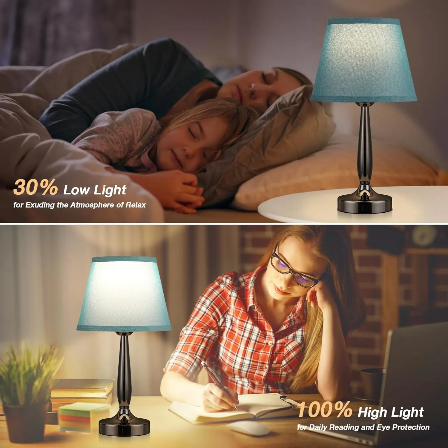 Touch Bedside Lamp for Bedroom with USB C Port, Small Touch Table Lamp with 2 USB Charging Ports, 3 Way Dimmable Nightstand Lamp for Living Room and Office - Turquoise Blue (LED Bulb Included)