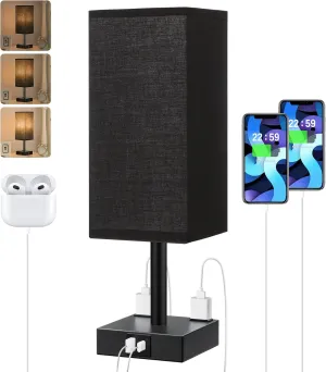 Touch Bedside Table Lamp For Nightstand - 3-Way Dimmable Night Lamp with USB A   Type C Charging Ports and two AC Outlets, Small Desk Light with E26 LED Bulb for Bedroom Living Room Dorm Office,BLACK