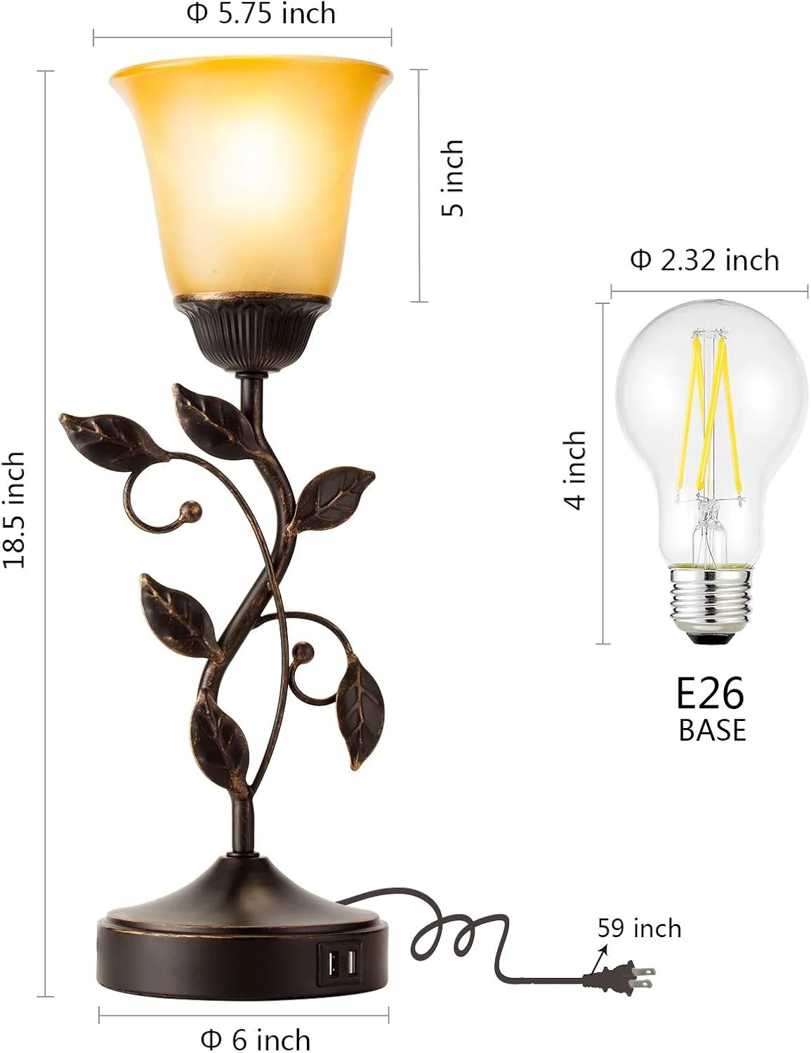 Touch Control Table Lamp with 2 USB Charging Ports, 3-Way Dimmable Bedside Nightstand Lamps, Amber Glass Shade Vintage Rural Leaf Lamp for Living Room, Bedroom, Dresser, LED Bulb Included (Bronze)