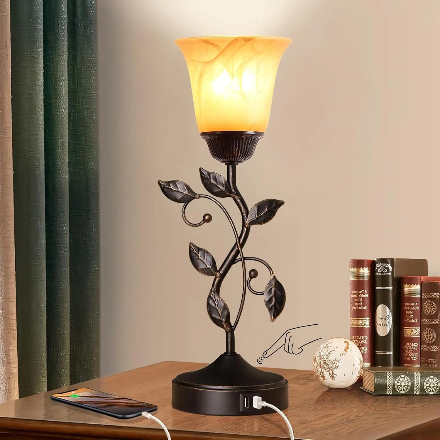 Touch Control Table Lamp with 2 USB Charging Ports, 3-Way Dimmable Bedside Nightstand Lamps, Amber Glass Shade Vintage Rural Leaf Lamp for Living Room, Bedroom, Dresser, LED Bulb Included (Bronze)