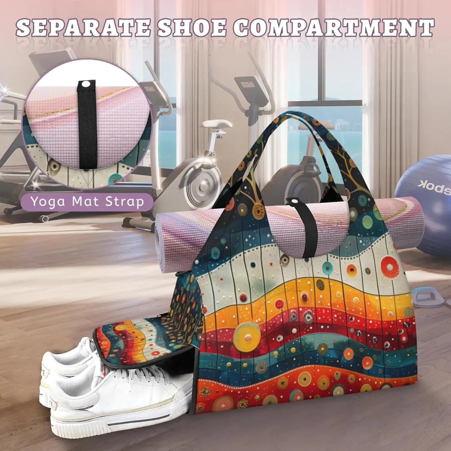 Traditional Christmas Paper Gym Bag Yoga Mat Tote for Women with Shoes Compartment Lightweight Duffle Travel Carrier Wet Dry Storage Pockets Adjustable Pilates Mats Shoulder Bags for Sport Swim