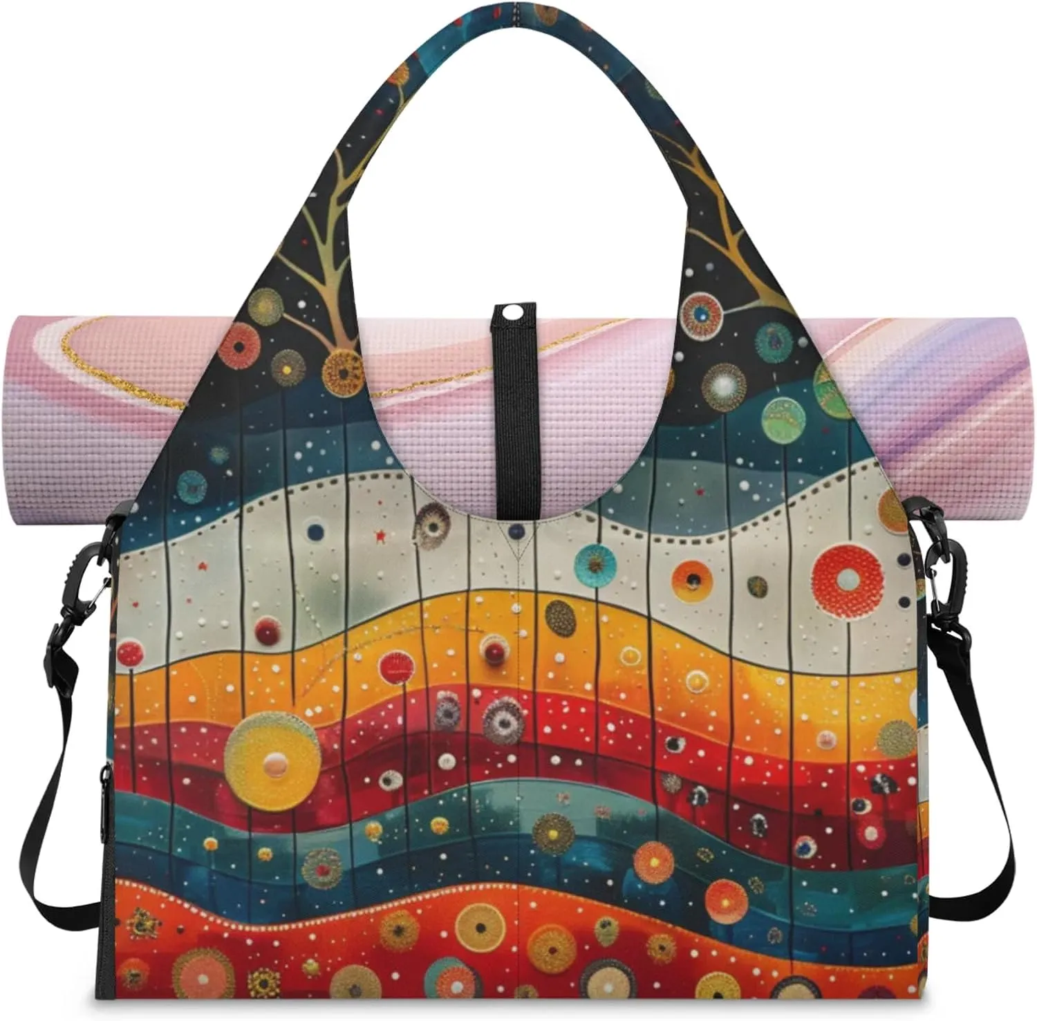 Traditional Christmas Paper Gym Bag Yoga Mat Tote for Women with Shoes Compartment Lightweight Duffle Travel Carrier Wet Dry Storage Pockets Adjustable Pilates Mats Shoulder Bags for Sport Swim