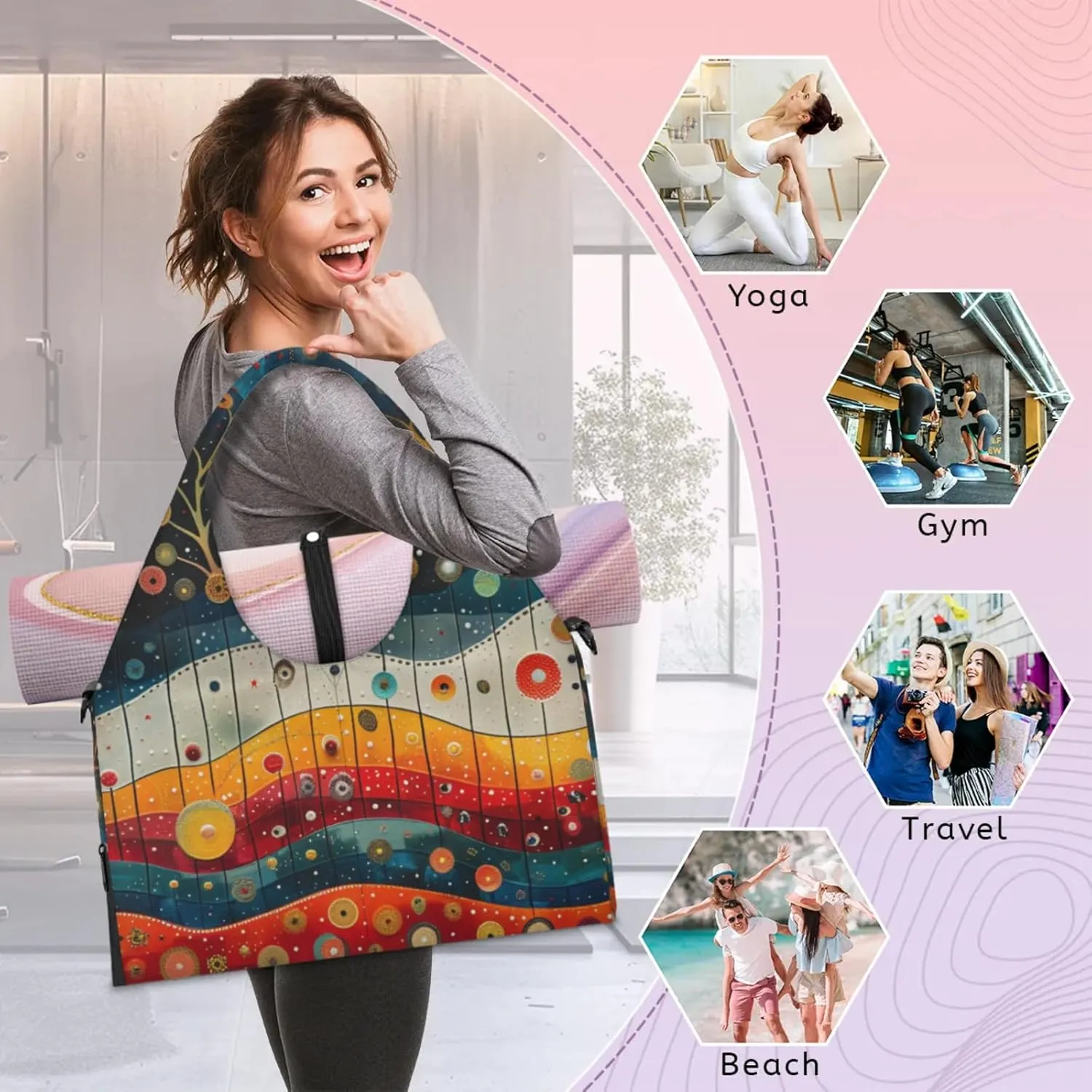 Traditional Christmas Paper Gym Bag Yoga Mat Tote for Women with Shoes Compartment Lightweight Duffle Travel Carrier Wet Dry Storage Pockets Adjustable Pilates Mats Shoulder Bags for Sport Swim
