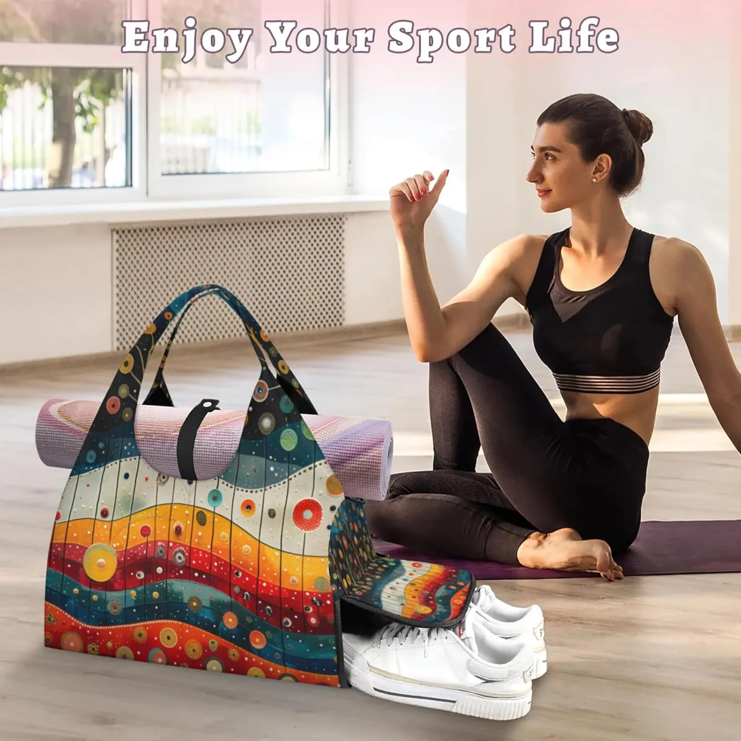 Traditional Christmas Paper Gym Bag Yoga Mat Tote for Women with Shoes Compartment Lightweight Duffle Travel Carrier Wet Dry Storage Pockets Adjustable Pilates Mats Shoulder Bags for Sport Swim