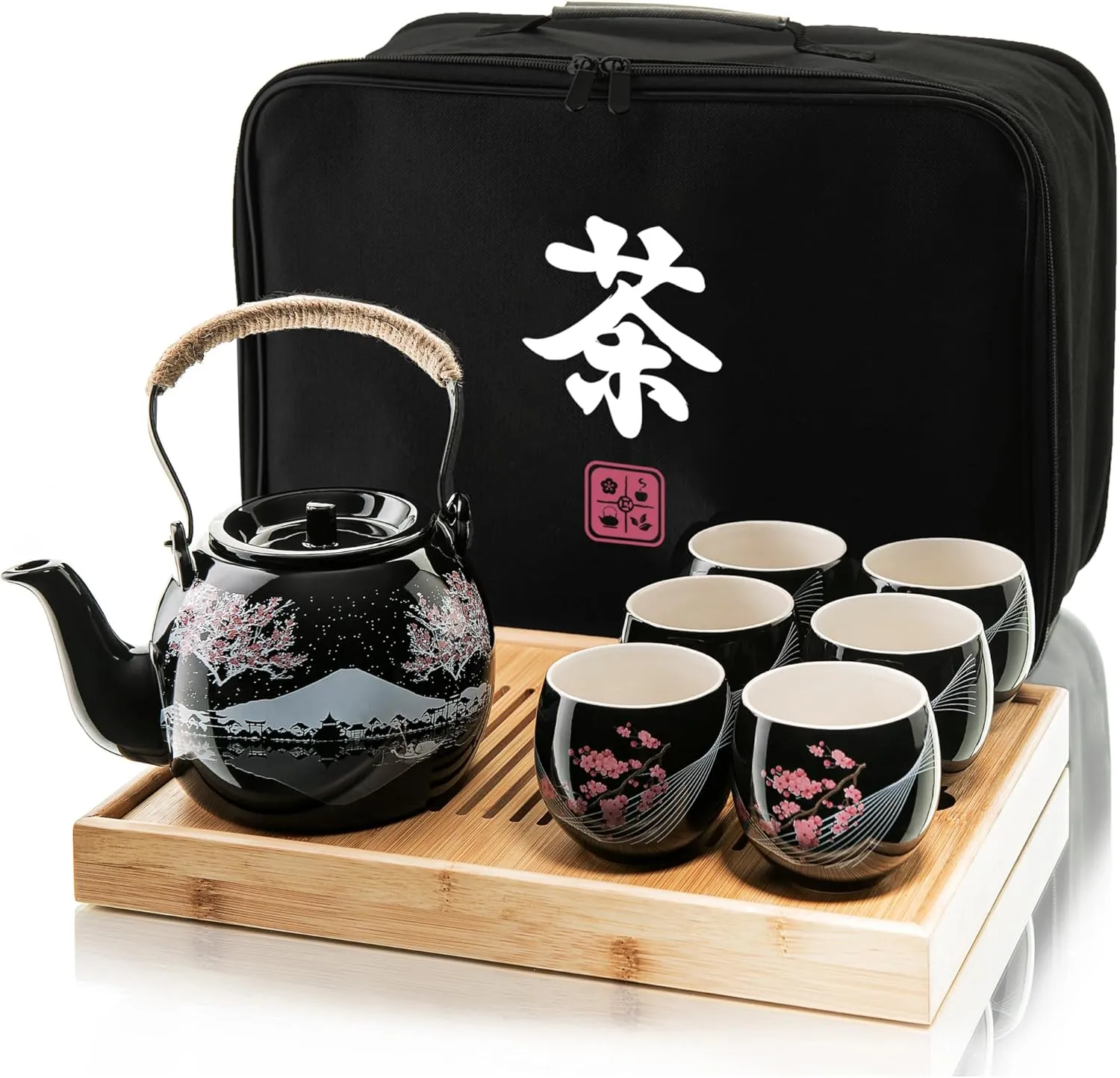 Traditional Japanese Tea Set - Ceramic Tea Set with Teapot, 6 Tea Cups, 1 Bamboo Tea Tray & Storage Gift Bag for Travel, Home or Outdoor, Tea Sets for Adults with Teapot and Tray, Men or Women | 茶具