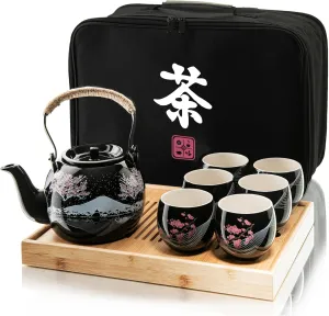 Traditional Japanese Tea Set - Ceramic Tea Set with Teapot, 6 Tea Cups, 1 Bamboo Tea Tray & Storage Gift Bag for Travel, Home or Outdoor, Tea Sets for Adults with Teapot and Tray, Men or Women | 茶具