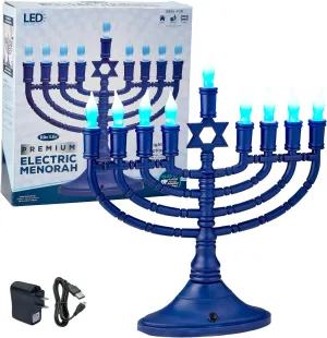 Traditional Large Blue LED Menorah Low Voltage Hanukkah Menorah - Blue & White Holiday Bulbs - Battery or USB Powered - includes a Wall Plug Cable - Chanukah Homes, Offices and Dorm Rooms!