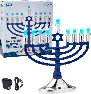 Traditional Large Blue LED Menorah Low Voltage Hanukkah Menorah - Blue & White Holiday Bulbs - Battery or USB Powered - Includes a Wall Plug Cable - Jewish Chanukah Homes, Offices and Dorm Rooms!