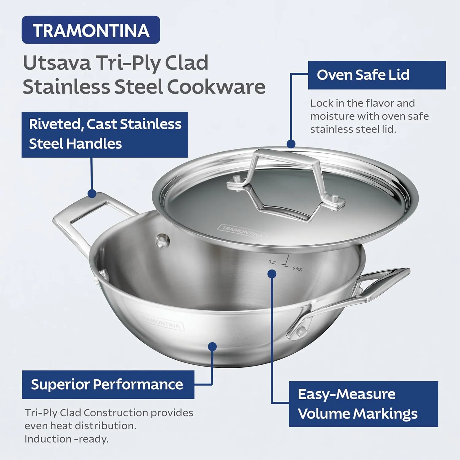 Tramontina Utsava 2.75-Quart Tri-Ply Clad Stainless Steel Kadai with Lid, Kadhai Pot for Indian Cooking