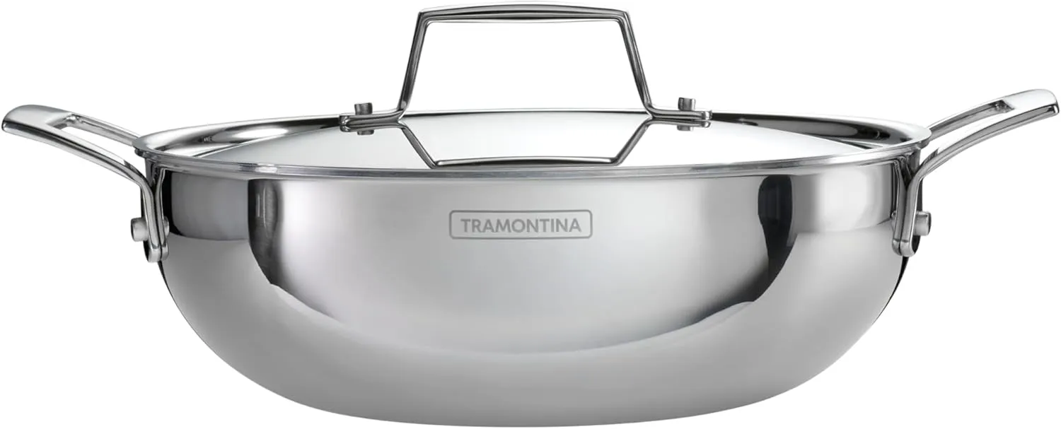 Tramontina Utsava 2.75-Quart Tri-Ply Clad Stainless Steel Kadai with Lid, Kadhai Pot for Indian Cooking