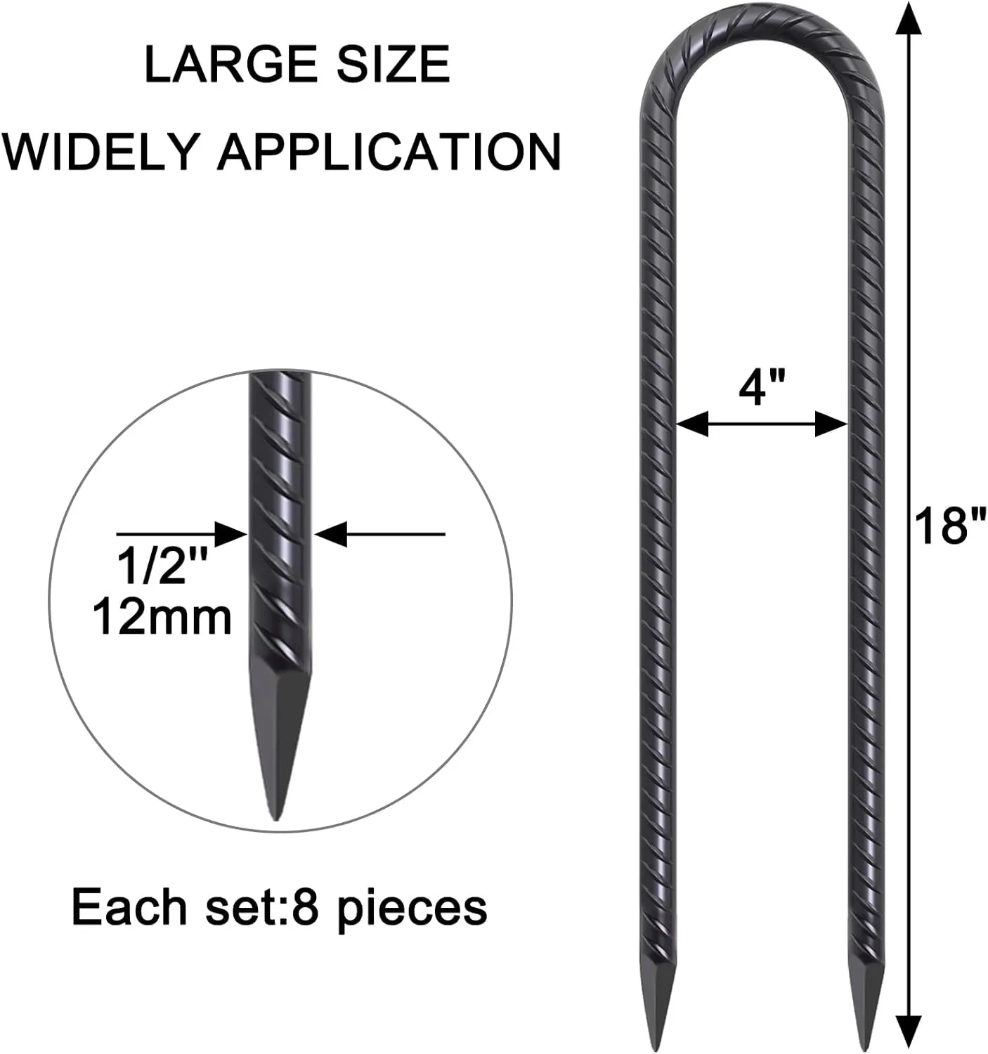 Trampoline Anchors 18 Inch, 1/2 Inch Diameter U Shaped Stakes Wind Stakes Heavy Duty Rebar Tent Stakes Chain Link Fence Stakes for Swing Set Soccer Goal Black Coated (8 Pack)
