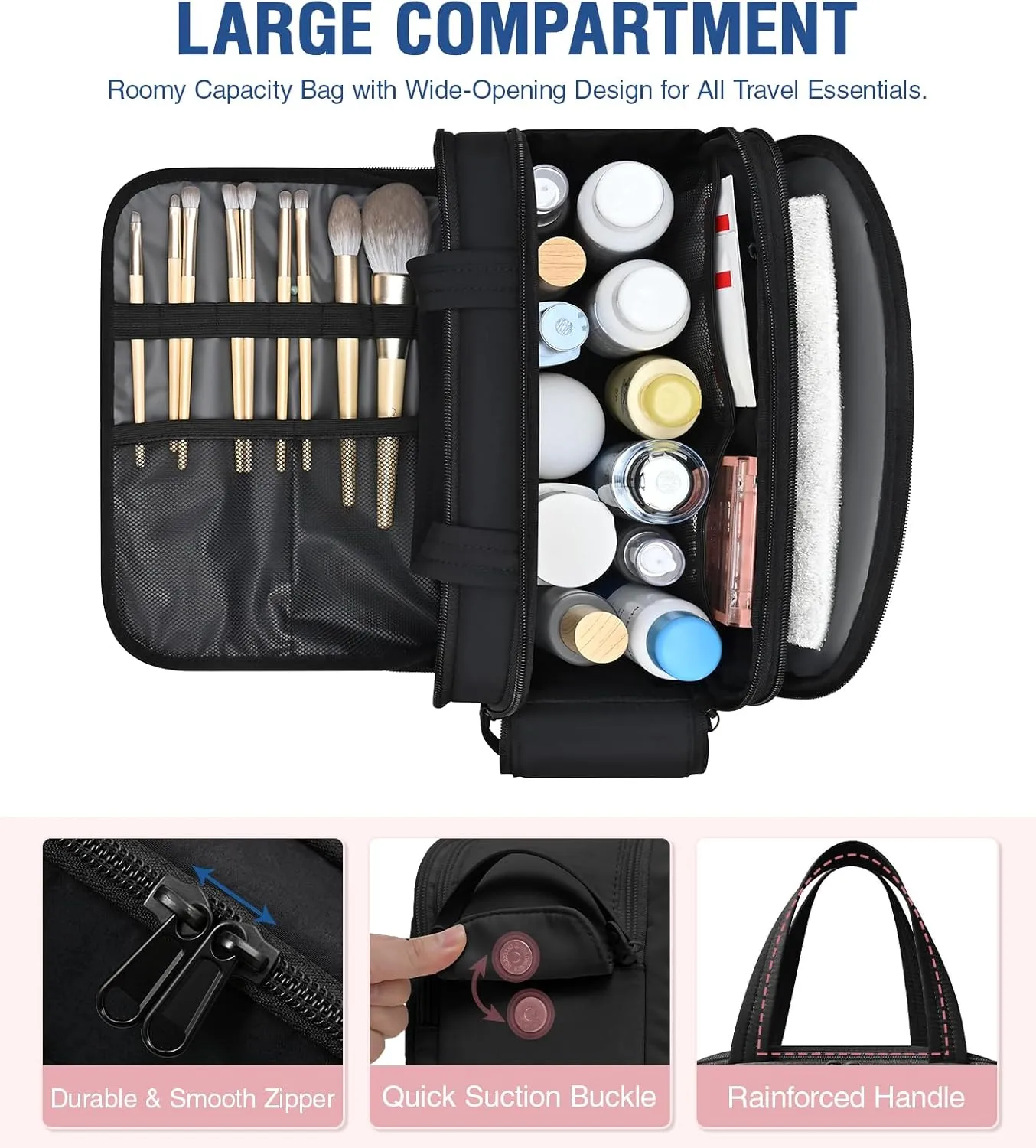 Travel Toiletry Bag For Women, Large Makeup Bag Of Multiple Compartments, Lightweight Puffy Traveling Case with Portable Handle, Wet and Dry Cosmetic Bag Fits Well In Suitcase, Beige