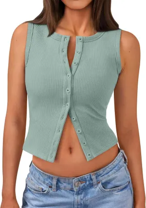 Trendy Queen Womens Ribbed Button Down Sleeveless Shirts Summer Going Out Cropped Tank Top