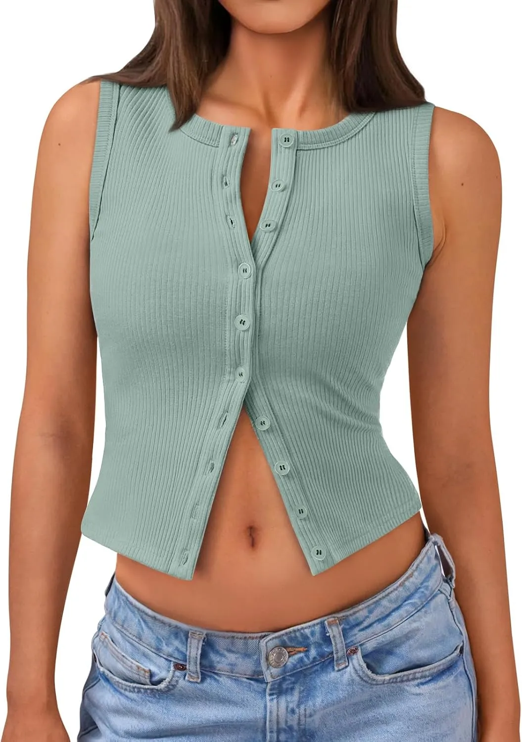 Trendy Queen Womens Ribbed Button Down Sleeveless Shirts Summer Going Out Cropped Tank Top