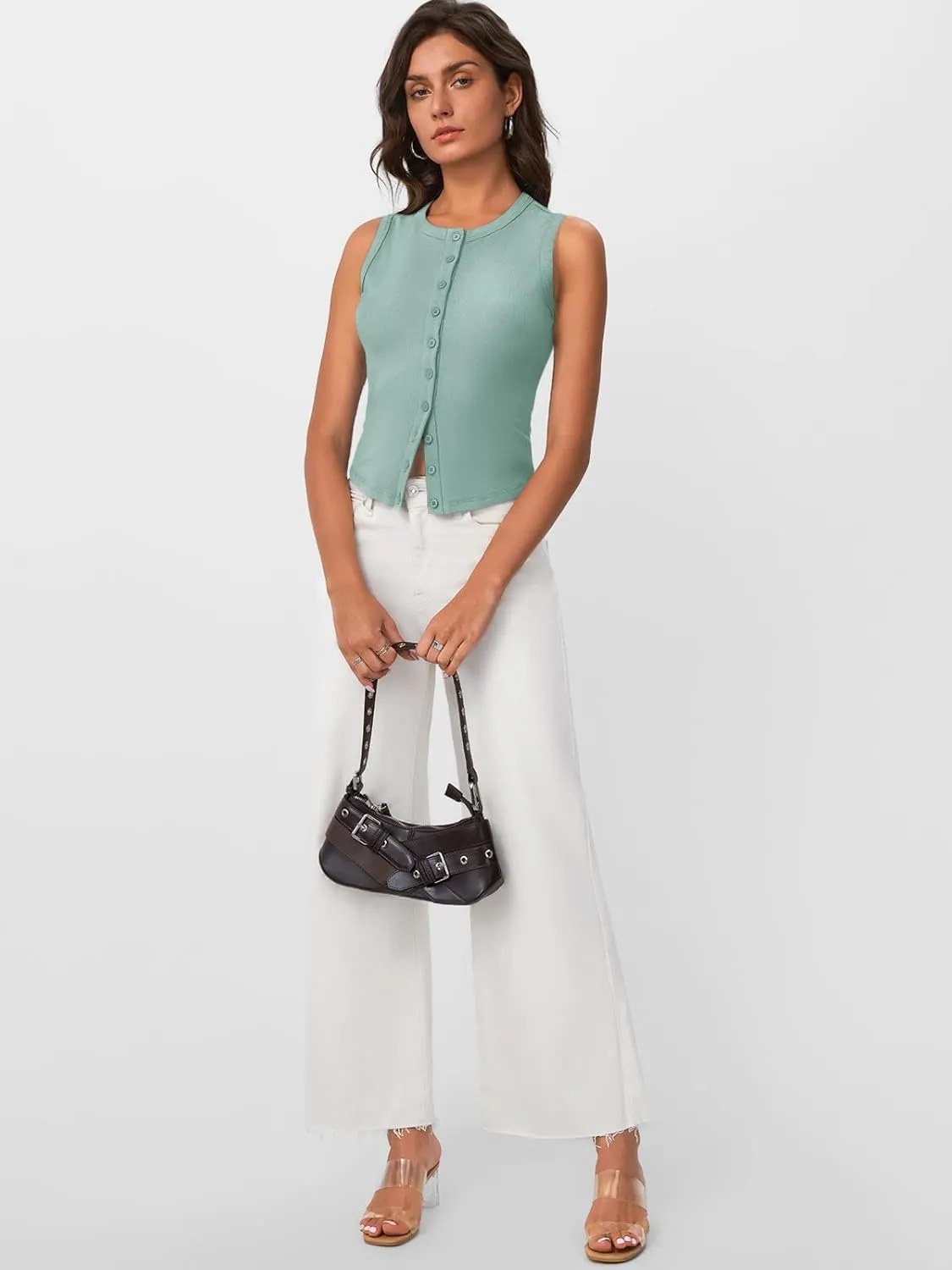Trendy Queen Womens Ribbed Button Down Sleeveless Shirts Summer Going Out Cropped Tank Top