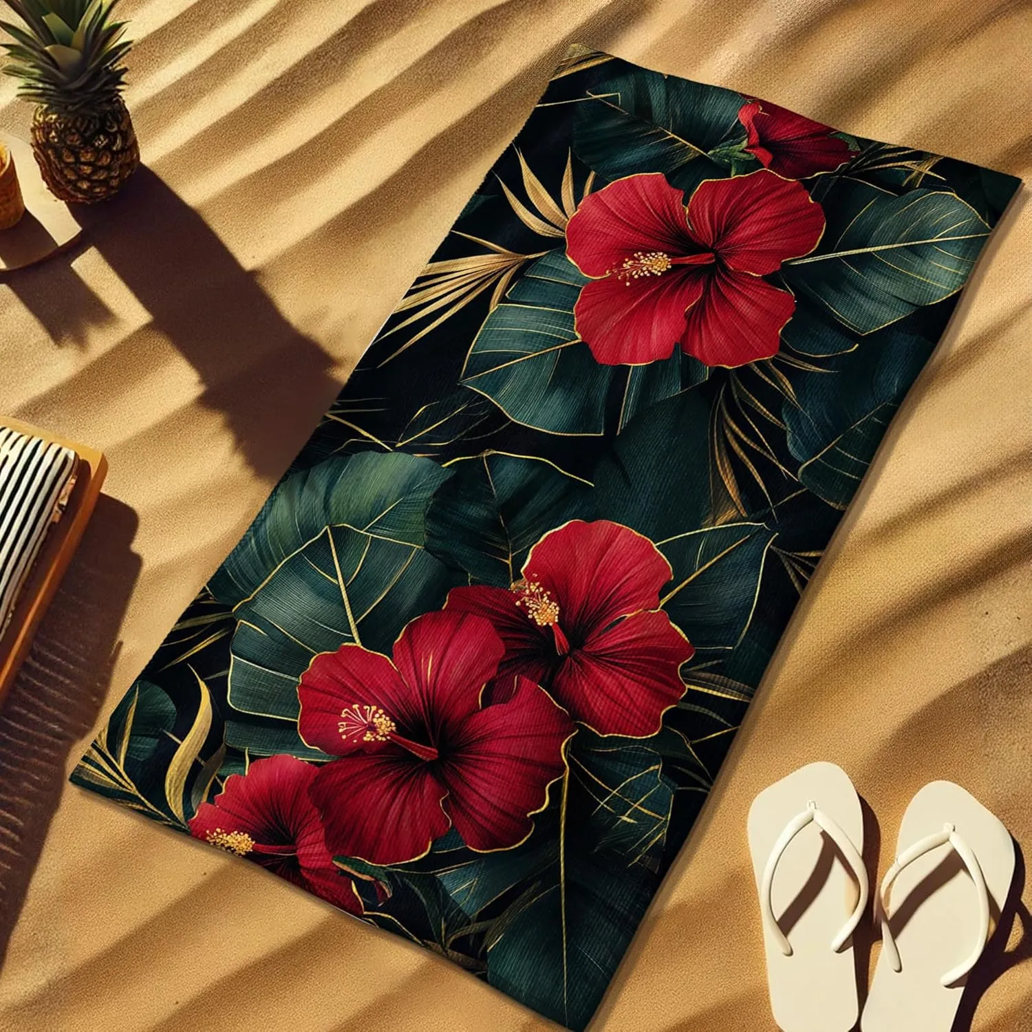 Tropical Hibiscus Beach Towel Red Floral Microfiber Bath Towel, Quick Dry Soft Sandless Lightweight Beach Blanket, Summer Vacation Pool Gym Travel Essentials 70x35 Inch