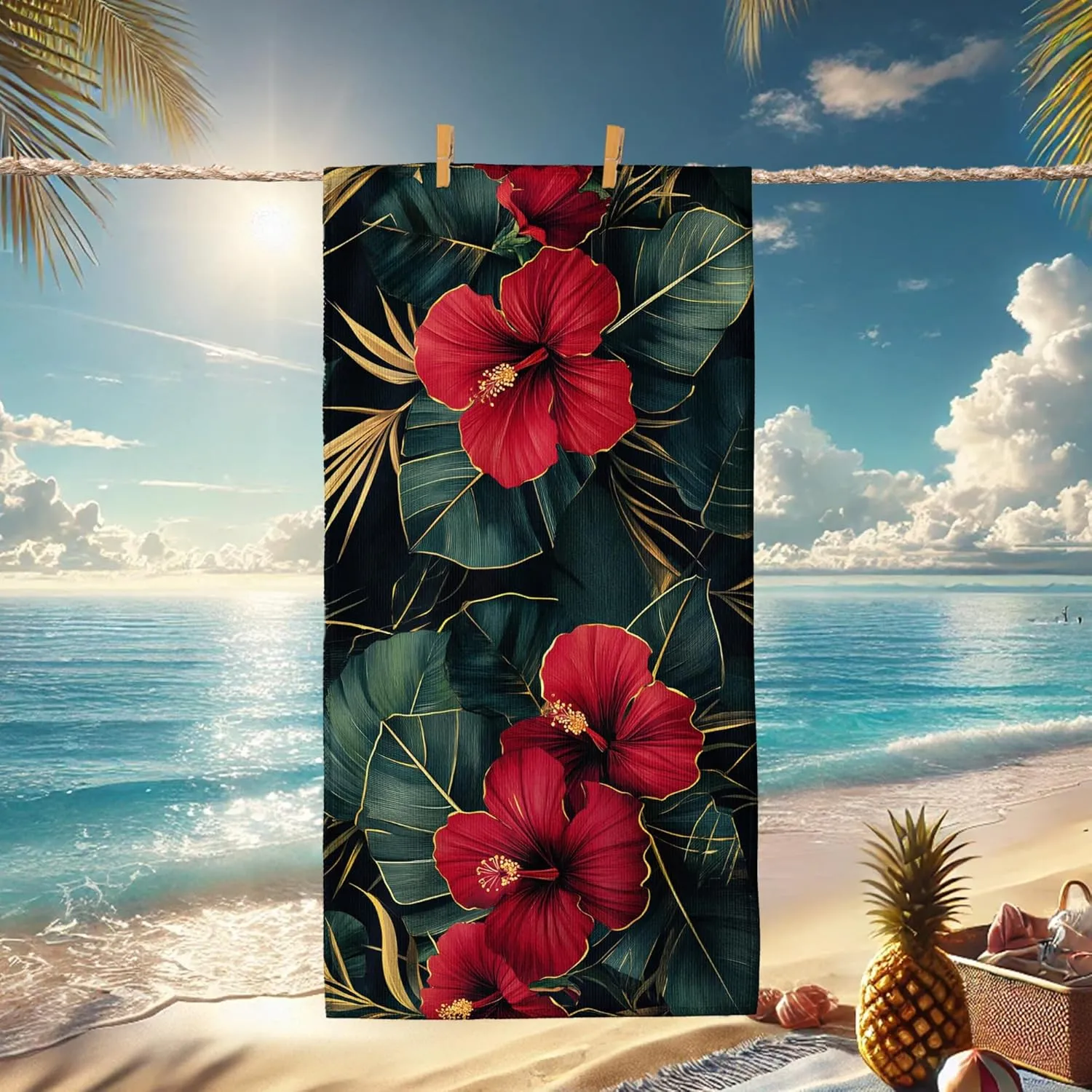 Tropical Hibiscus Beach Towel Red Floral Microfiber Bath Towel, Quick Dry Soft Sandless Lightweight Beach Blanket, Summer Vacation Pool Gym Travel Essentials 70x35 Inch