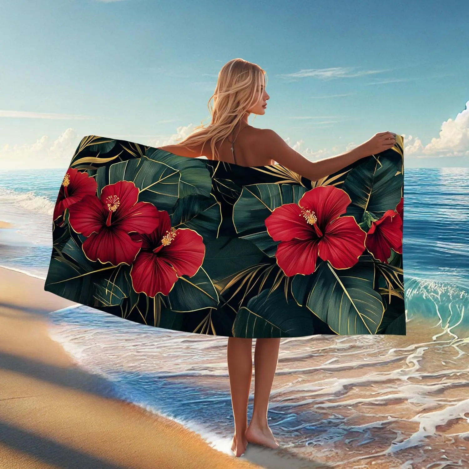Tropical Hibiscus Beach Towel Red Floral Microfiber Bath Towel, Quick Dry Soft Sandless Lightweight Beach Blanket, Summer Vacation Pool Gym Travel Essentials 70x35 Inch