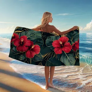Tropical Hibiscus Beach Towel Red Floral Microfiber Bath Towel, Quick Dry Soft Sandless Lightweight Beach Blanket, Summer Vacation Pool Gym Travel Essentials 70x35 Inch