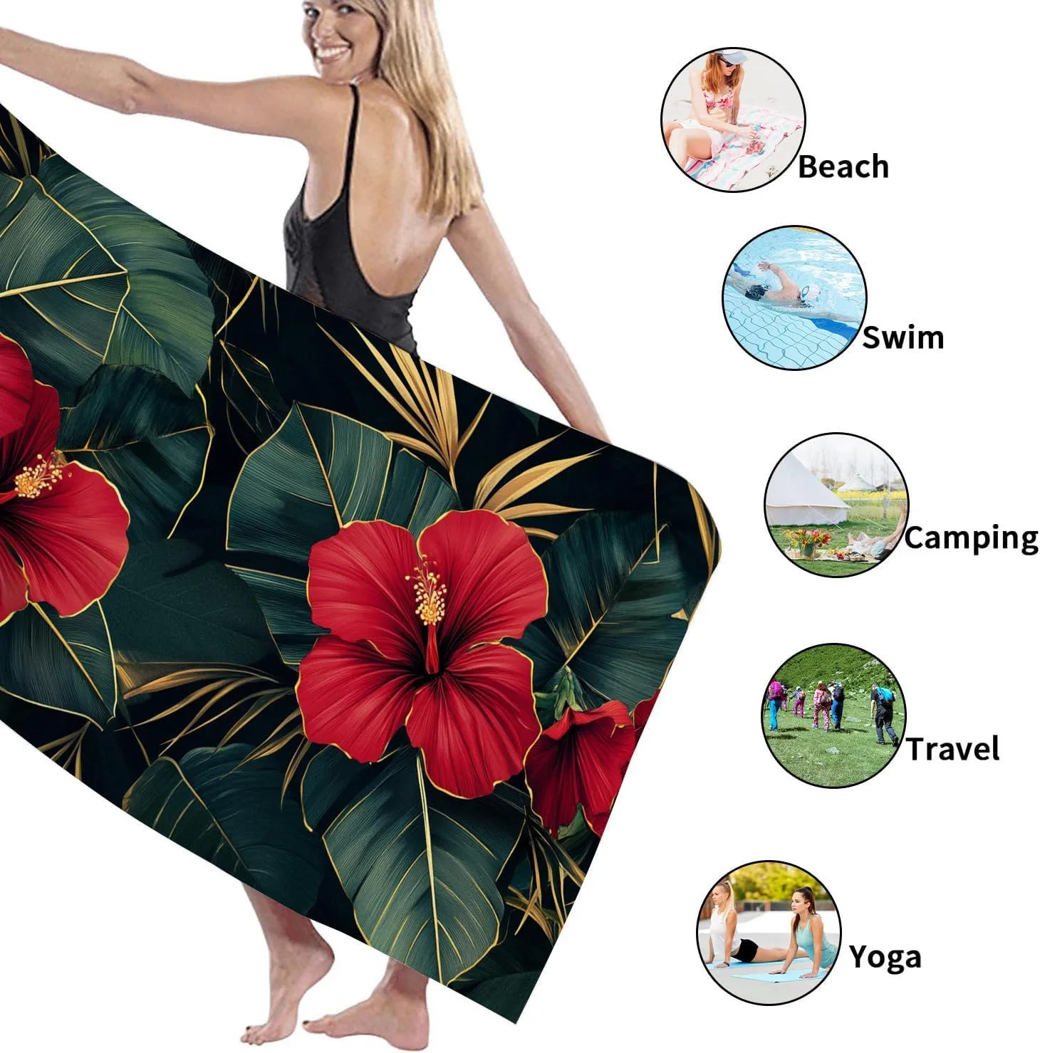Tropical Hibiscus Beach Towel Red Floral Microfiber Bath Towel, Quick Dry Soft Sandless Lightweight Beach Blanket, Summer Vacation Pool Gym Travel Essentials 70x35 Inch