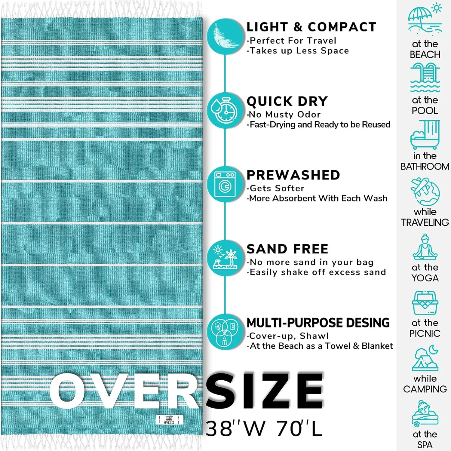 Turkish Beach Towel - 38x70 inch Oversized - Sultan Design - Turkish Towel for Beach, Bath, Pool, Gym, Yoga - Prewashed, Lightweight, Quick Dry (Oil Green, Sultan)