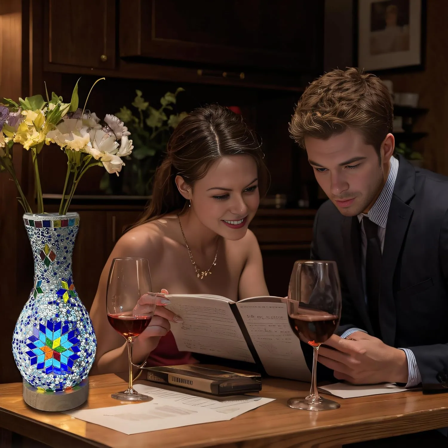 Turkish Moroccan Table Lamp Mosaic Vase Lamp Handmade Glass Vase with Wood Base Decorative Bedside Lighting for Bedroom, Living Room, Farmhouse - USB Plug