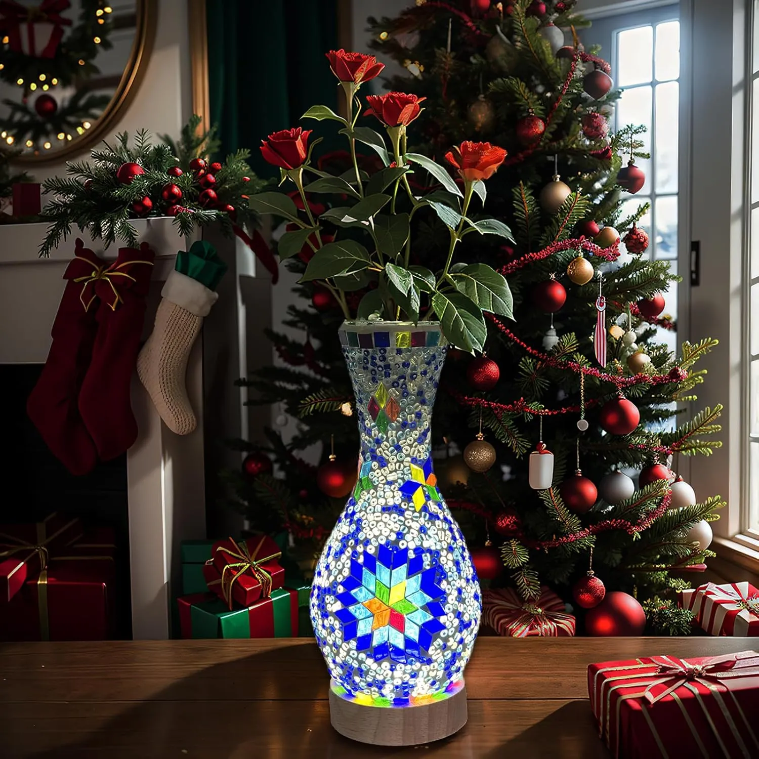 Turkish Moroccan Table Lamp Mosaic Vase Lamp Handmade Glass Vase with Wood Base Decorative Bedside Lighting for Bedroom, Living Room, Farmhouse - USB Plug