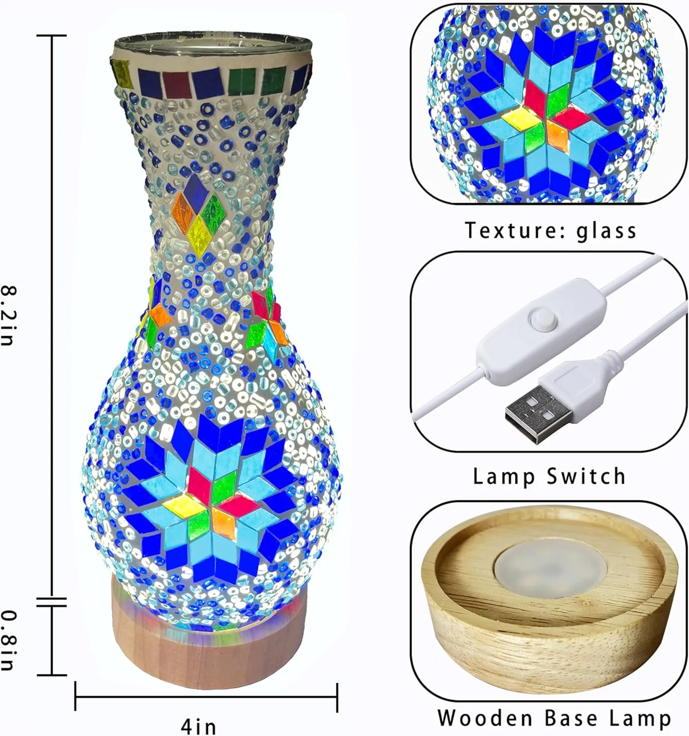 Turkish Moroccan Table Lamp Mosaic Vase Lamp Handmade Glass Vase with Wood Base Decorative Bedside Lighting for Bedroom, Living Room, Farmhouse - USB Plug