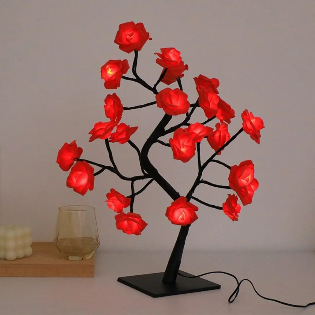 Ulalaza Rose Tree Lighth with 24 LEDs USB Supply Warm Wire Bedside Light with Switch for Home Room Decor