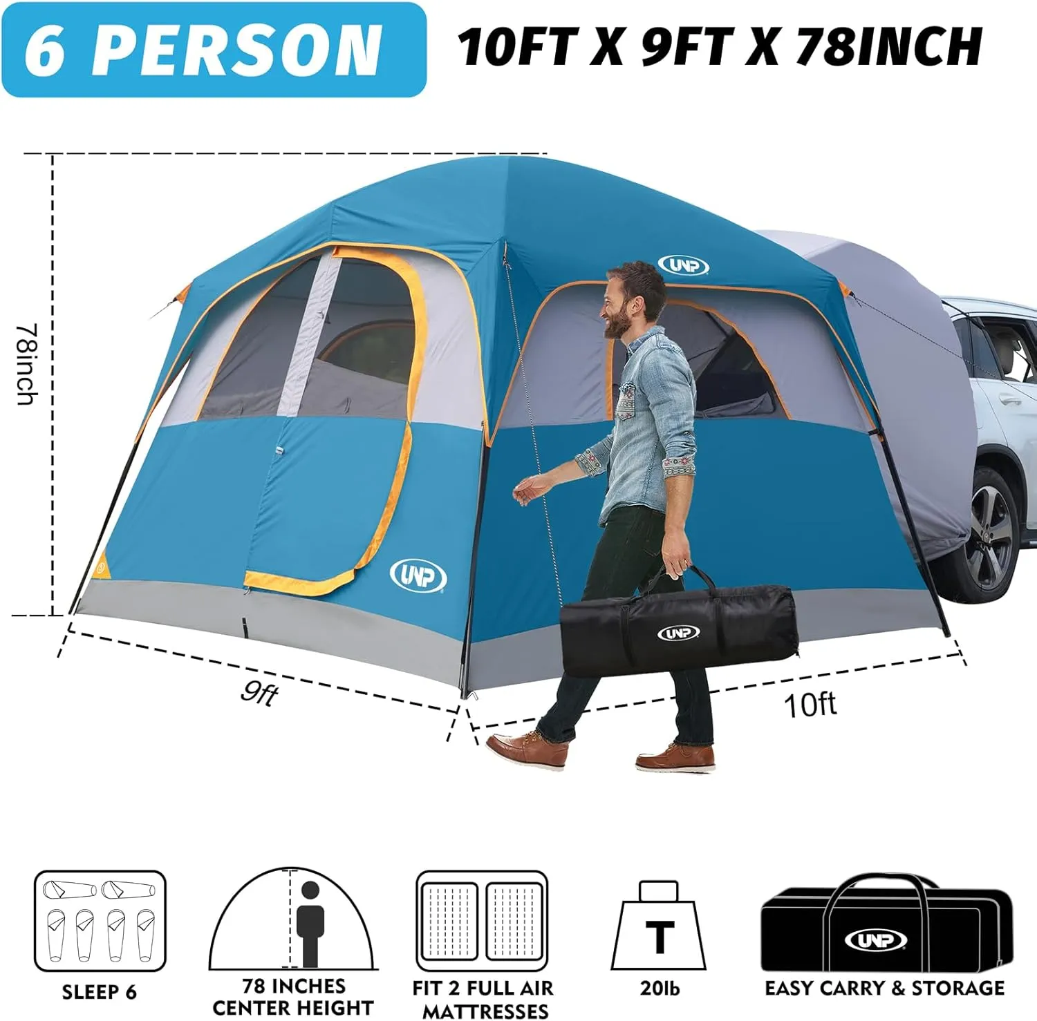 UNP SUV Tent for Camping, 6-Person SUV Tailgate Tent - Easy Set Up with Rainfly, 10'x9'x78in(H)