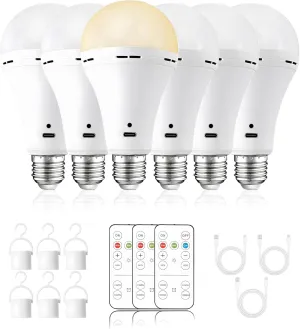 USB Rechargeable Light Bulbs with Remote and Timer, 3 Color Temperatures Dimmable Battery Operated Light Bulb, A21 2000mAh Battery Powered LED Bulb for Power Outage Camping, 6 Pack