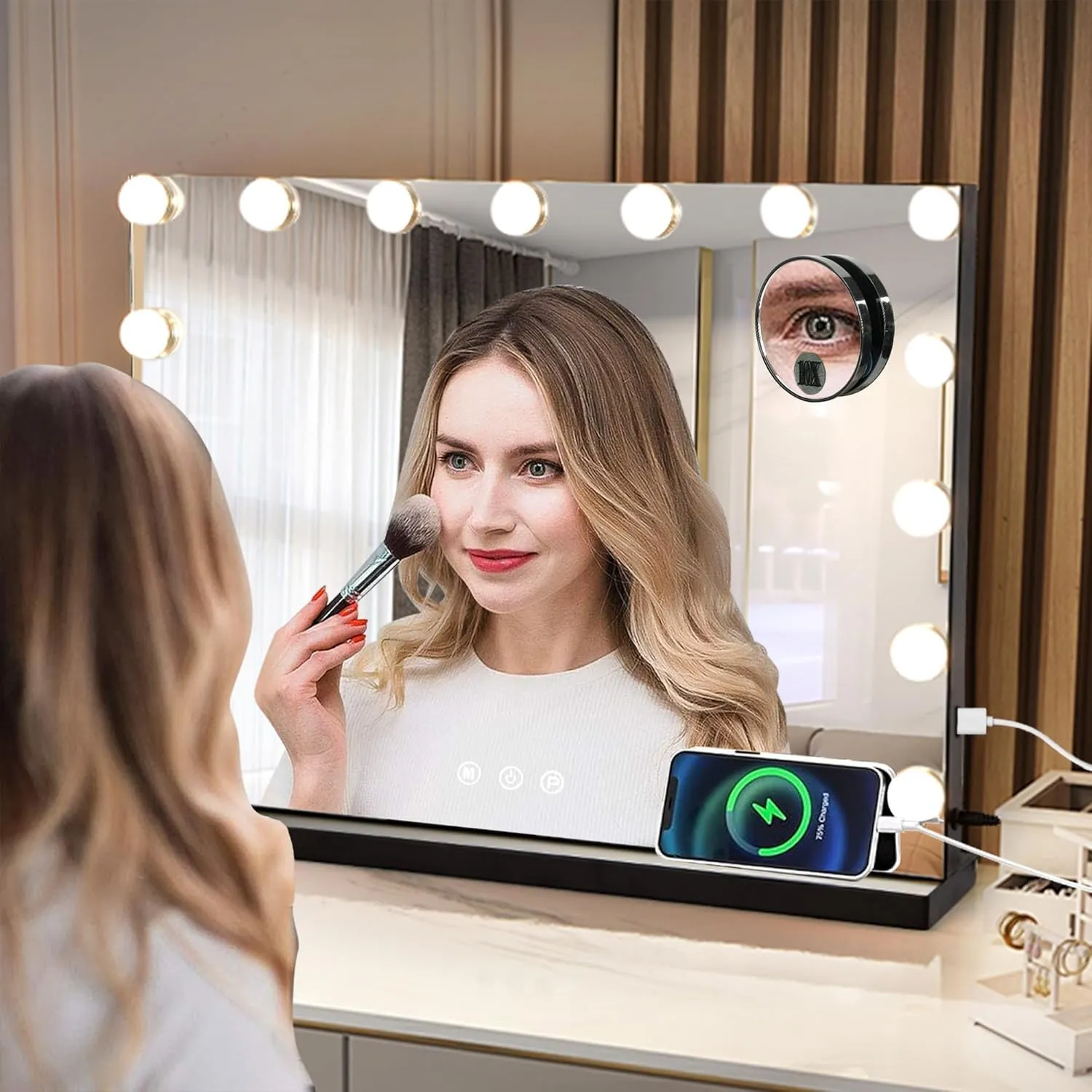 Vanity Makeup Mirror with Lights,Hollywood Vanity Mirror with 15 Dimmable LED Bulbs & 3 Color Modes,10X Magnification,USB Charging Port, Touch Control,Sturdy Metal Frame Design,22.8x18 Inch,Black