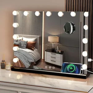 Vanity Makeup Mirror with Lights,Hollywood Vanity Mirror with 15 Dimmable LED Bulbs & 3 Color Modes,10X Magnification,USB Charging Port, Touch Control,Sturdy Metal Frame Design,22.8x18 Inch,Black