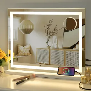 Vanity Mirror with Lights, 23" x 18" Makeup Mirror, Hollywood Mirror with 3 Color Modes & Adjustable Brightness, Detachable 10x Magnification and USB Charging Design (White)