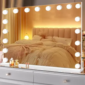 Vanity Mirror with Lights, 31.5''x22.8'' Hollywood Lighted Makeup Mirror with 18 Dimmable LED Bulbs, 3 Color Modes, USB Charging Port, Detachable 10X Magnification, White