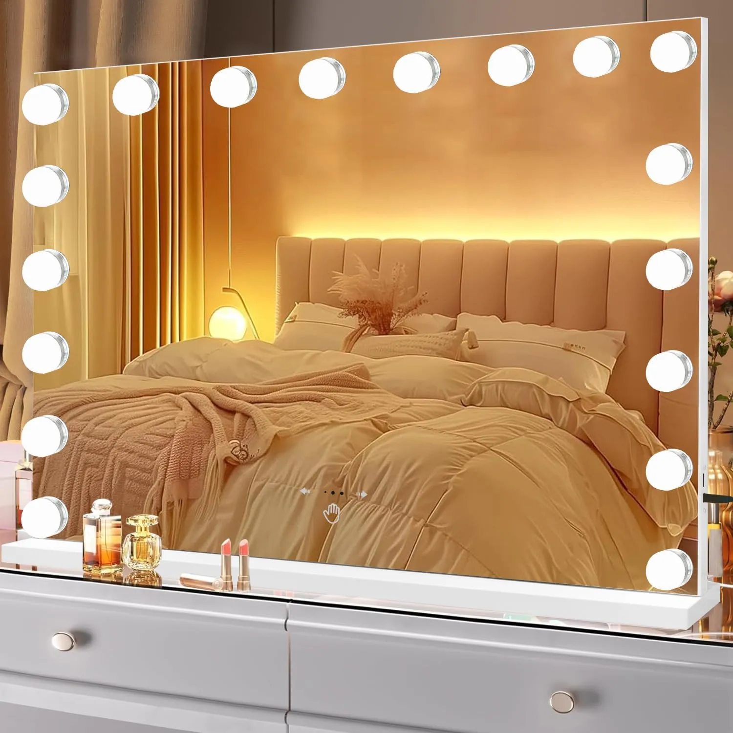Vanity Mirror with Lights, 31.5''x22.8'' Hollywood Lighted Makeup Mirror with 18 Dimmable LED Bulbs, 3 Color Modes, USB Charging Port, Detachable 10X Magnification, White