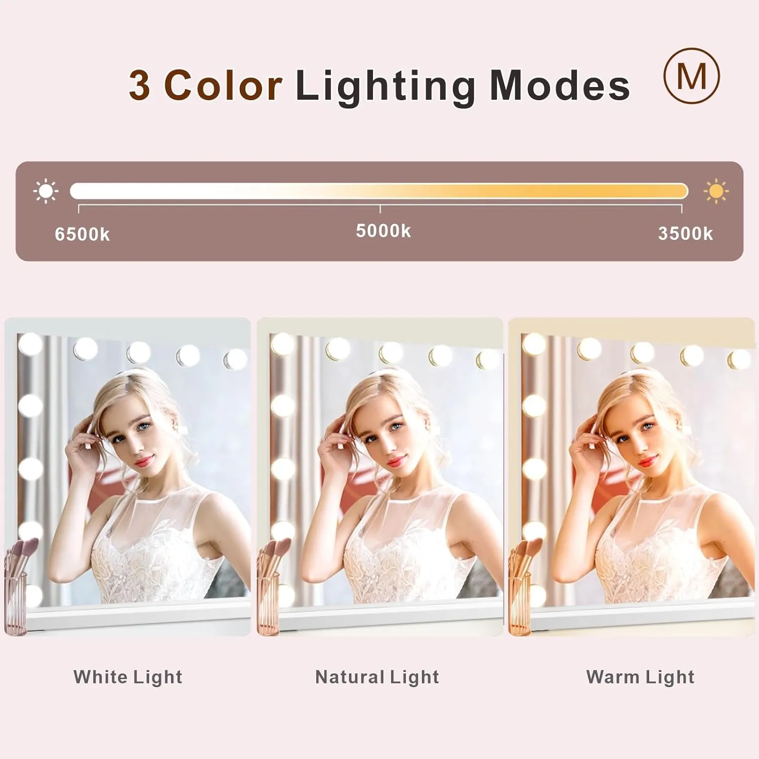 Vanity Mirror with Lights, Hollywood Lighted Makeup Mirror with 15 Dimmable Led Bulbs, 3 Color Lighting Modes, USB Charging Port Touch Control 10x Magnification 22.2 × 17.3 inch