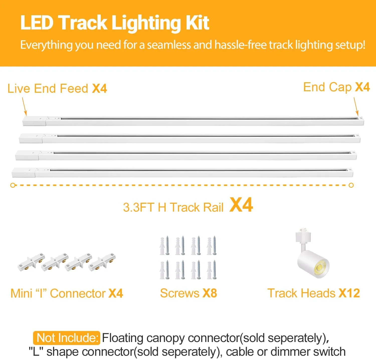 VANoopee 12-Light LED Track Lighting Kit with 13FT H Type Track Lighting Rail, Dimmable LED Track Light Heads Modern Kitchen Track Lighting Fixtures Ceiling Spot Light 3000K 24° CRI90  10W 800lm White