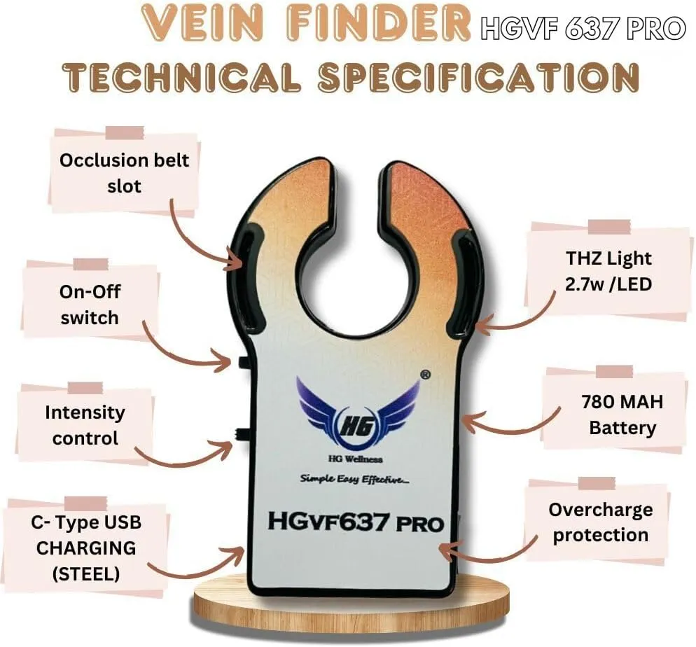 Vein Finder HGVF637PRO - Universal Vein Visualization Tool with Optional Tourniquet Belt and C-Type USB Charging