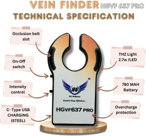 Vein Finder HGVF637PRO - Universal Vein Visualization Tool with Optional Tourniquet Belt and C-Type USB Charging