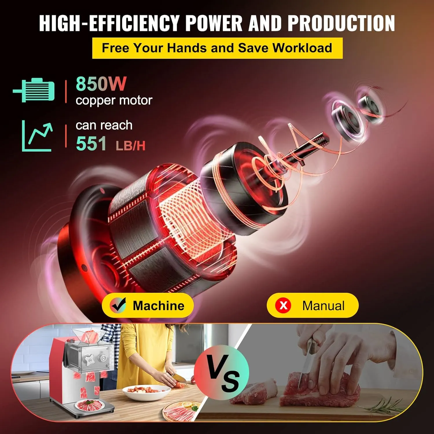 VEVOR Electric Meat Slicer, 850W, 3.5mm Blade, Stainless Steel, Cuts 551 Lbs/Hour, Ideal for Supermarkets and Kitchens, Efficiently Slices Lamb, Beef, and Chicken, Red