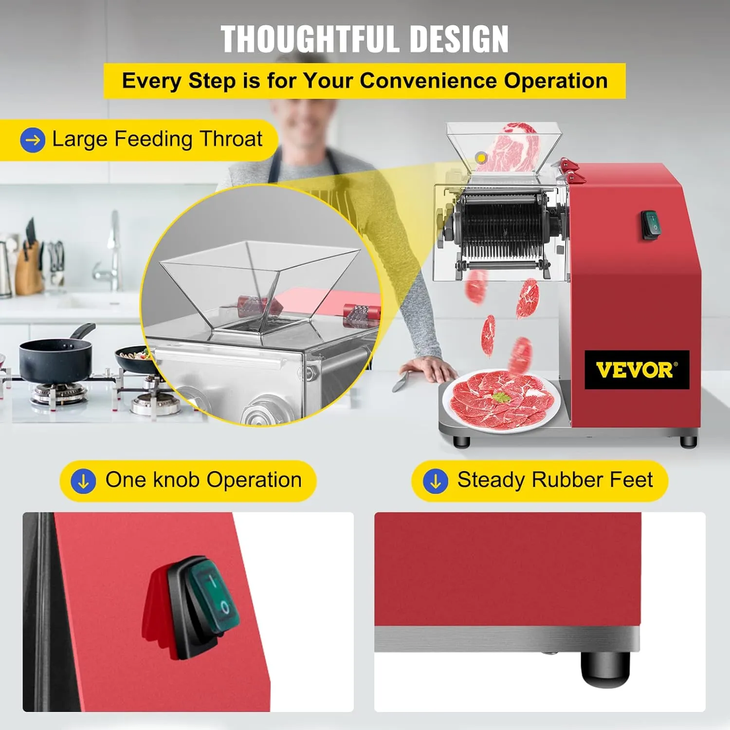 VEVOR Electric Meat Slicer, 850W, 3.5mm Blade, Stainless Steel, Cuts 551 Lbs/Hour, Ideal for Supermarkets and Kitchens, Efficiently Slices Lamb, Beef, and Chicken, Red