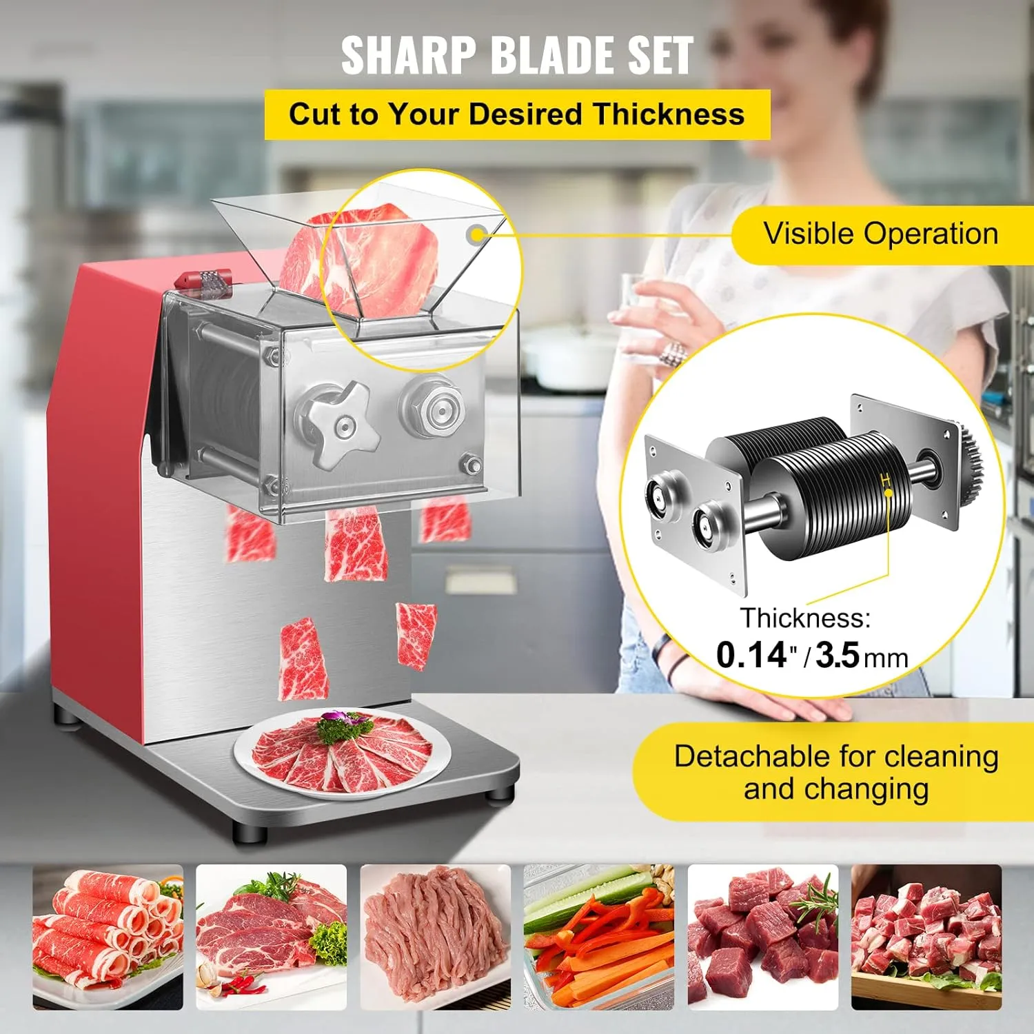VEVOR Electric Meat Slicer, 850W, 3.5mm Blade, Stainless Steel, Cuts 551 Lbs/Hour, Ideal for Supermarkets and Kitchens, Efficiently Slices Lamb, Beef, and Chicken, Red