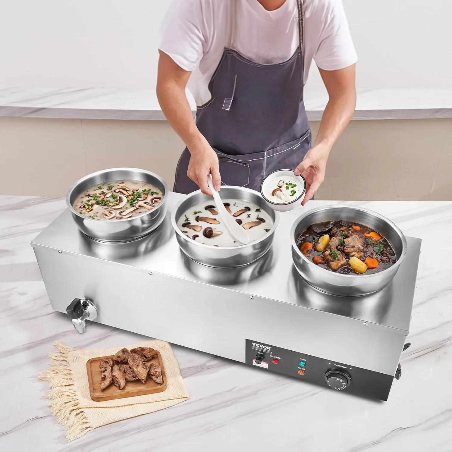 VEVOR Electric Soup Warmer, Three 7.4QT Stainless Steel Round Pot 86~185°F Adjustable Temp, 1200W Commercial Bain Marie with Anti-dry Burn and Reset Button, Soup Station for Restaurant, Buffet, Silver
