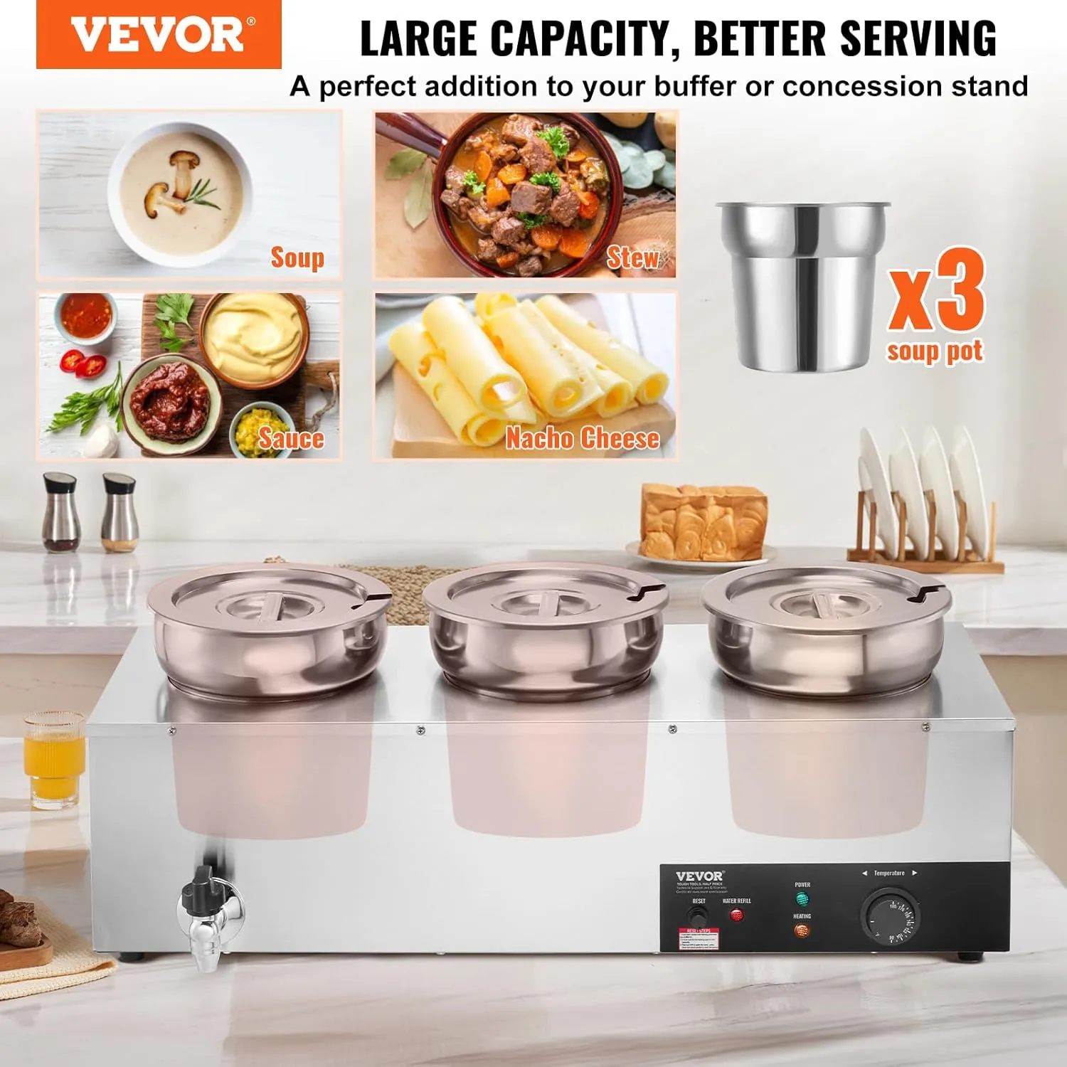 VEVOR Electric Soup Warmer, Three 7.4QT Stainless Steel Round Pot 86~185°F Adjustable Temp, 1200W Commercial Bain Marie with Anti-dry Burn and Reset Button, Soup Station for Restaurant, Buffet, Silver