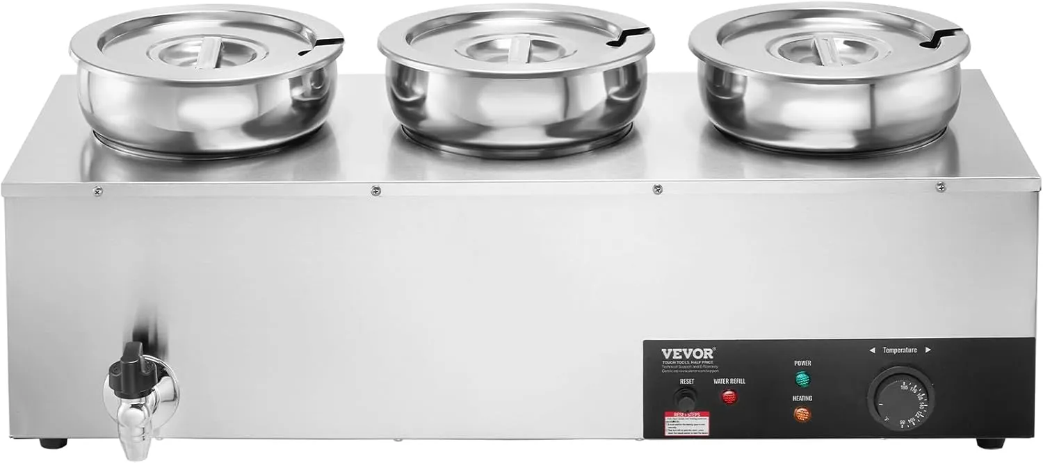 VEVOR Electric Soup Warmer, Three 7.4QT Stainless Steel Round Pot 86~185°F Adjustable Temp, 1200W Commercial Bain Marie with Anti-dry Burn and Reset Button, Soup Station for Restaurant, Buffet, Silver