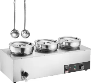 VEVOR Electric Soup Warmer, Three 7.4QT Stainless Steel Round Pot 86~185°F Adjustable Temp, 1200W Commercial Bain Marie with Anti-dry Burn and Reset Button, Soup Station for Restaurant, Buffet, Silver