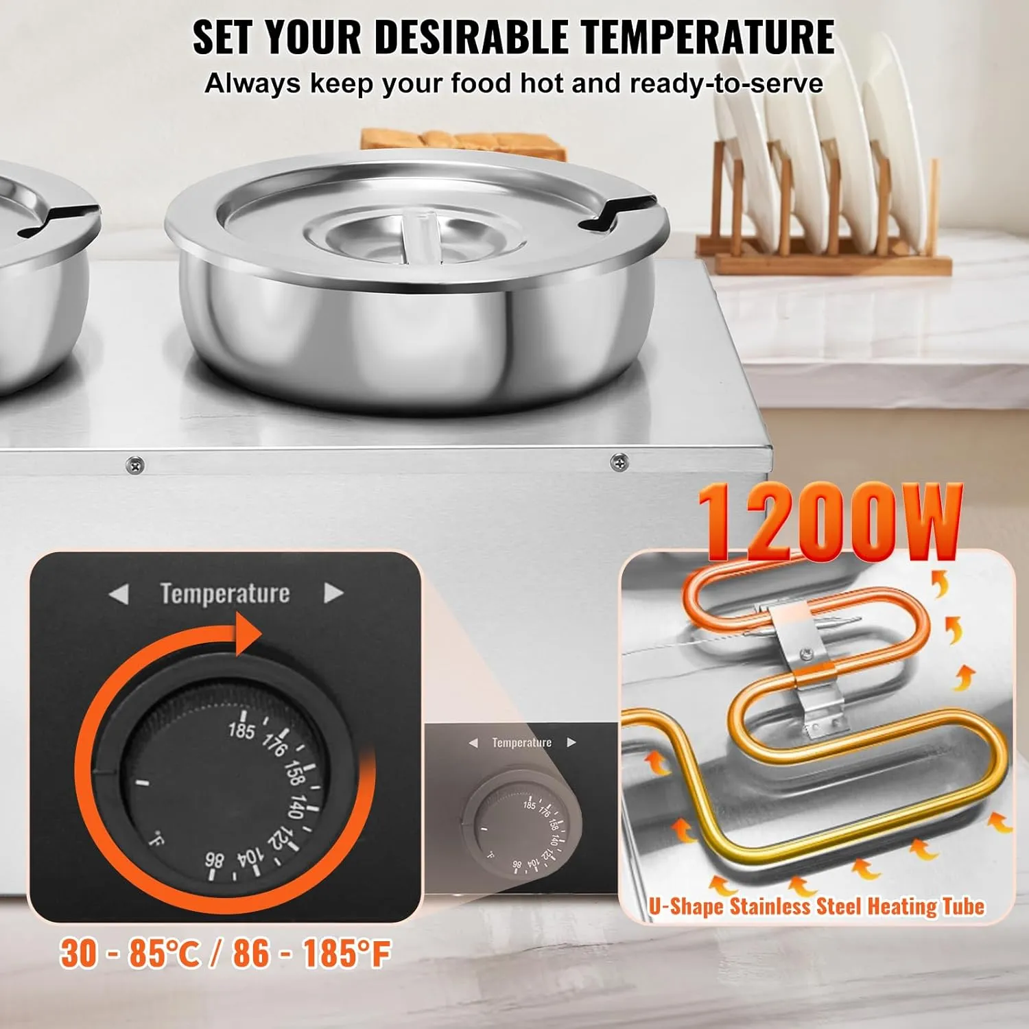 VEVOR Electric Soup Warmer, Three 7.4QT Stainless Steel Round Pot 86~185°F Adjustable Temp, 1200W Commercial Bain Marie with Anti-dry Burn and Reset Button, Soup Station for Restaurant, Buffet, Silver