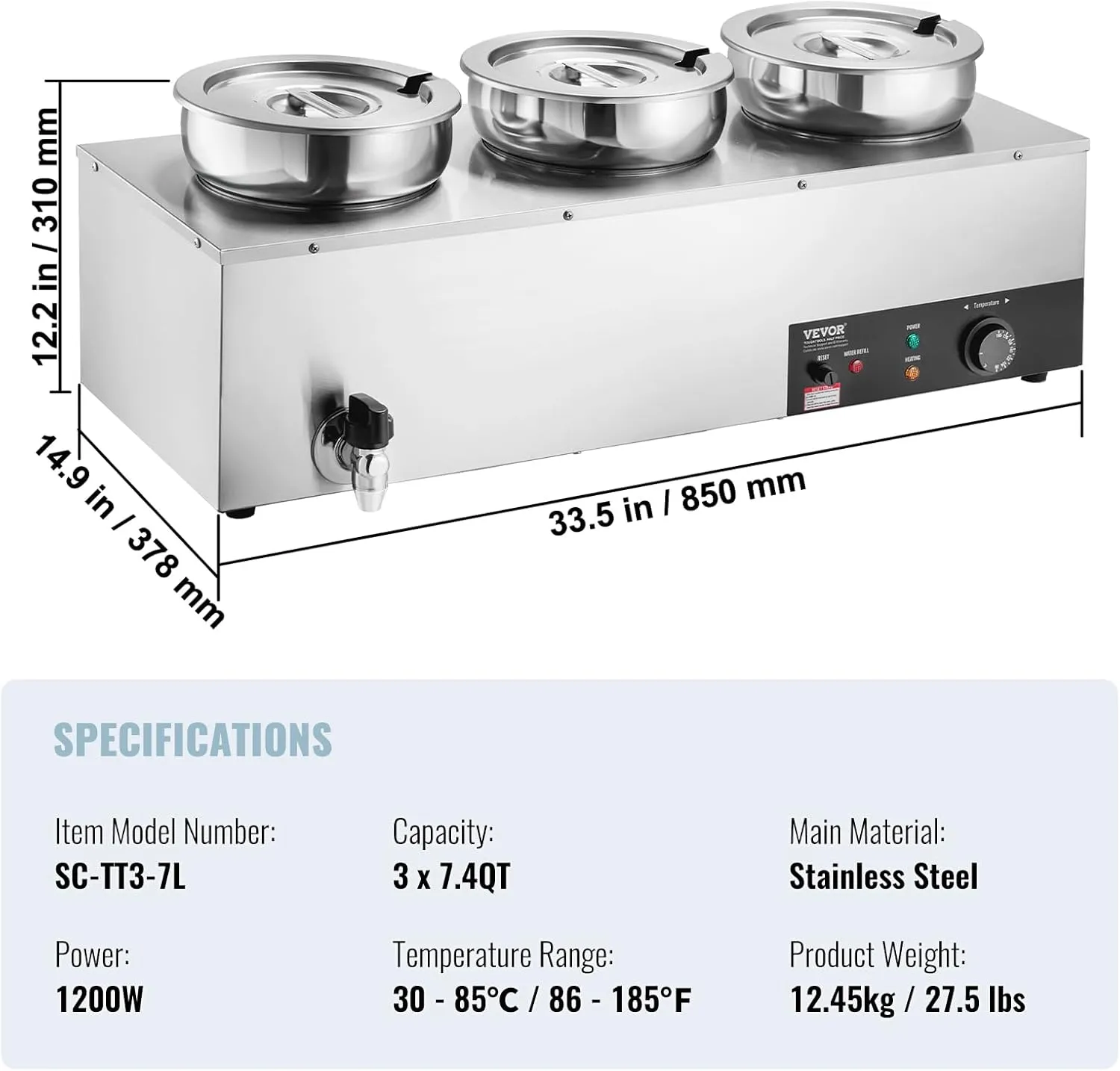 VEVOR Electric Soup Warmer, Three 7.4QT Stainless Steel Round Pot 86~185°F Adjustable Temp, 1200W Commercial Bain Marie with Anti-dry Burn and Reset Button, Soup Station for Restaurant, Buffet, Silver